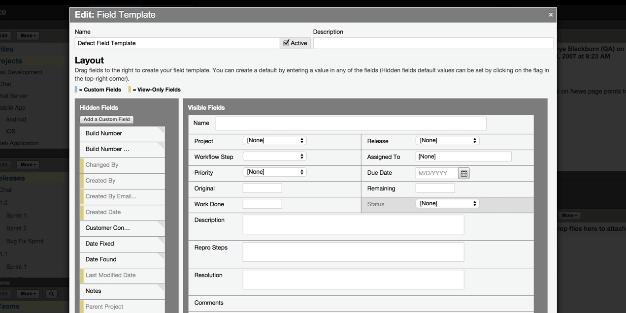 Editing a defect field template
