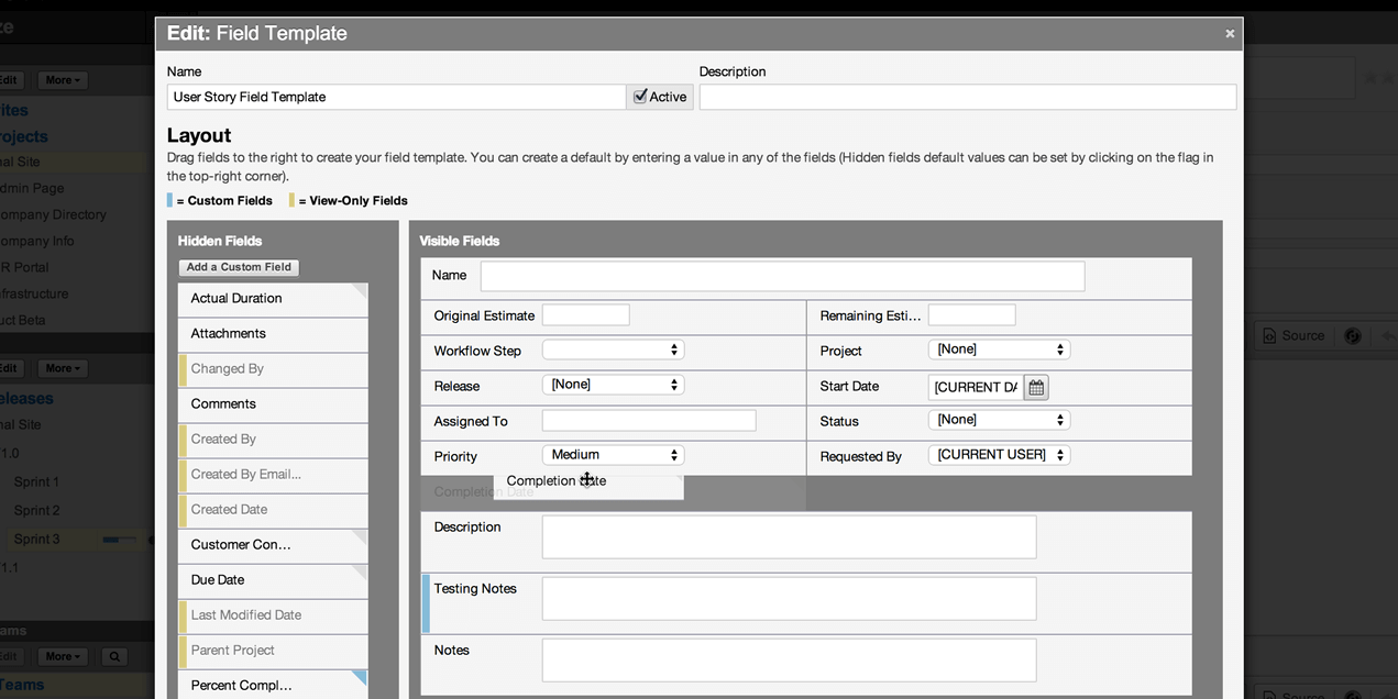 Axosoft customized field templates