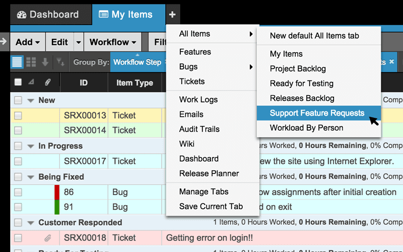 Axosoft tabs